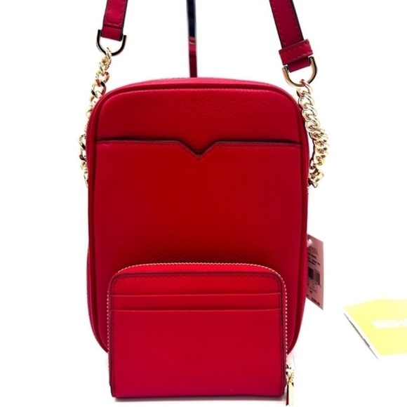 Michael Kors Medium NS Chain Xbody Bag & Jet Set Travel Medium ZA Card Case Red - Picture 3 of 12
